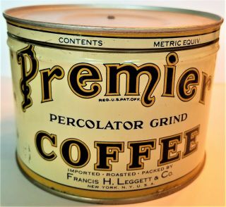 Vintage Premiere Tin - Old Key Wind Coffee Can - 1 Lb - Antique Tin