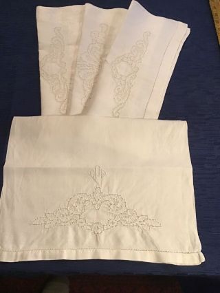 4 Antique Victorian Cotton Huck Hand Towels Kitchen Lace Insert Monogrammed