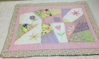 Patchwork Quilt Wall Hanging,  Crazy Patches,  Appliquéd Flowers,  Pink,  Yellow