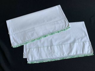 Vintage White Cotton Pillowcases W/ Green Hand Crochet Trim