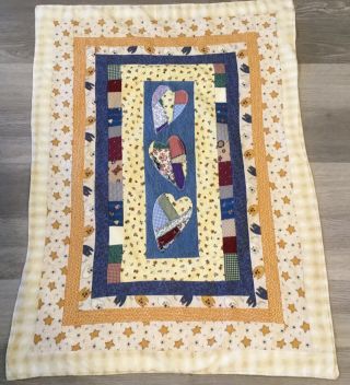 Patchwork Country Quilt With Appliquéd Hearts,  Calico Prints,  Yellow,  Blue Multi