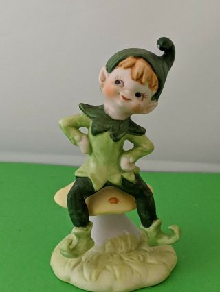 Vintage Ceramic Green Elf Pixie Sitting On Mushroom Collectible Figurine Tawain
