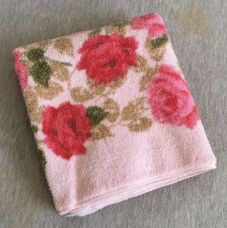 Vintage Cannon Pink Floral Roses Hand Towel Fringe Mid Century Soft 100 Cotton