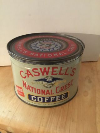 Vintage Caswell’s National Crest Coffee Keywind Tin Can 1 Pound 75th Year