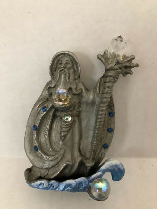 Pewter Wizard Figure With Crystal Staff And Crystal Ball.