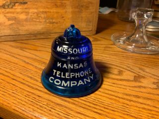 Antique Vintage Bell System Missouri Kansas Telephone Co Blue Glass Paperweight