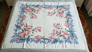 Vintage Cotton Table Cloth Pink And Blue Floral With Greenery Possibly 50s
