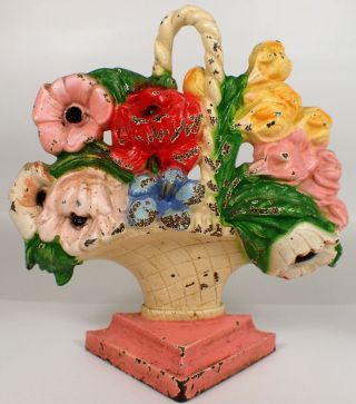 Antique Vtg 1930s Hubley Cast Iron Painted Basket Of Flowers Door Stop Book End