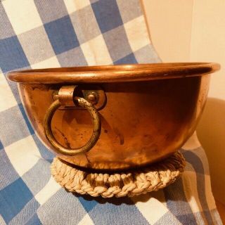 Vintage Copper Bowl With Brass Ring And Handmade Straw Trivet