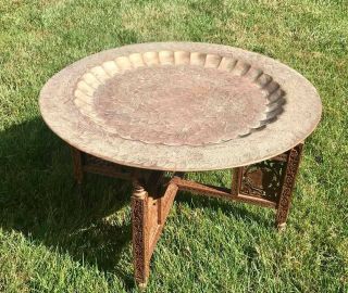 Vintage Brass Tray Table Large Round 23 " With A Folding Carved Teak Wood Base