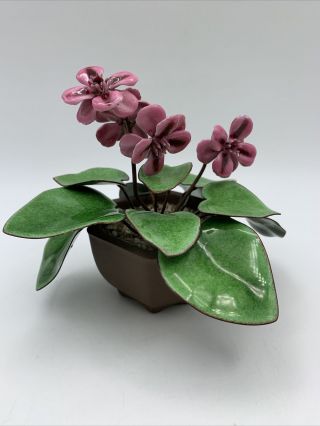 Vintage Brumm ? African Violet Enamel On Copper Flower Floral Sculpture Pottery