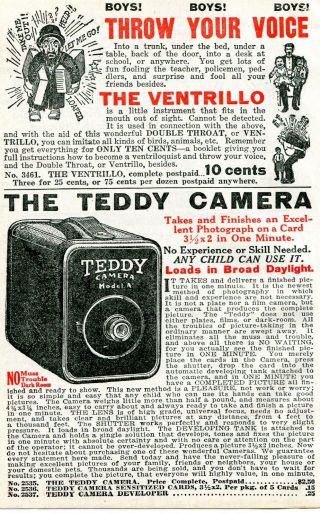 1926 Small Print Ad Of The Teddy Camera Model A & The Ventrillo Throw Your Voice