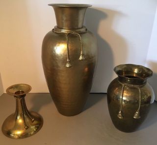 Vintage 2 Hammered Brass Vase Urns W Braided Rope & Tassel Accent & Candleholder