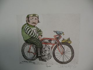 Art Print Charles Bragg Color Lithograph Duotone " The Cyclist " Hand Signed