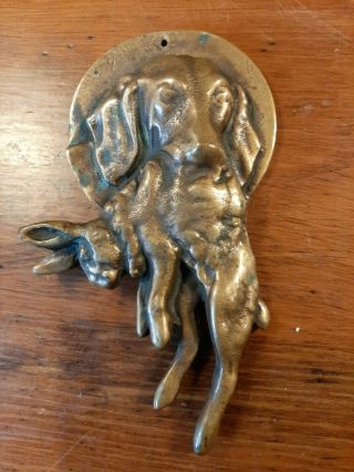 Vintage Antique Hanging Solid Brass Hunting Dog Retriever With Rabbit In Mouth