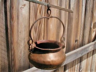 Early American Hammered Copper Kettle Or Pot = Apple Butter Cauldron Iron Handle