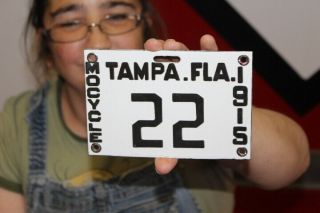 Tampa Florida Motorcycle 1915 License Plate Gas Oil Porcelain Metal Sign