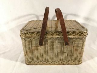 Vintage Decoware Tin Litho Picnic Basket Wood Handles Metal Faux Wicker Weave