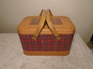 Vintage Plaid Metal Tin Picnic Basket Box With Metal Handles Red With Tan