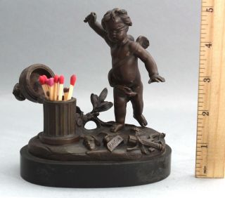 19thc Antique French Bronze Sculpture Blindfolded Cupid Candlestick Match Holder