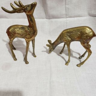 Vintage Solid Brass Deer Buck & Doe Figurine Pair Set Mid Century Statues