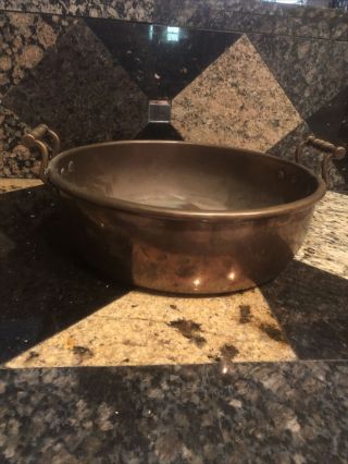 Antique Large Copper Pot Very Heavy Duty 14” X 4” Deep Cooking Pan W/ Handles