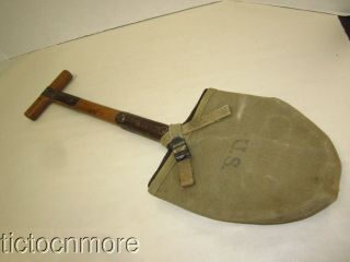US WWII ARMY M1910 TRENCH SHOVEL T - HANDLE 1943 B.  B.  S Co CANVAS 2
