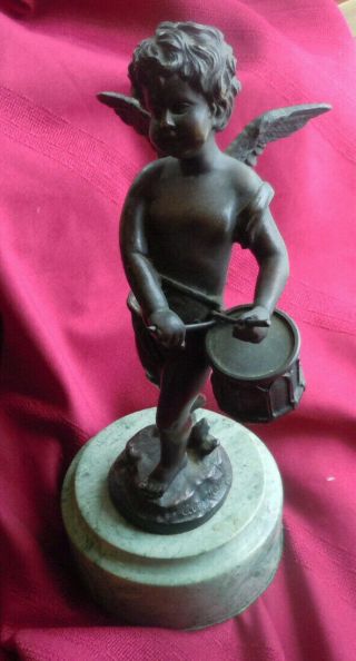 Estate Auguste Moreau Bronze Cherub Statue On Marble Boy Drum Angel Wings Signed
