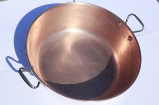 Vintage French Copper Jam Confiture Pan Rounded Rim Iron Handles 3.  1lbs 14.  8inch