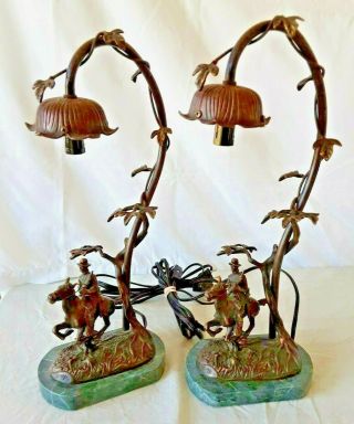 Vintage Matching 2 Frederick Remington Signed Bronze Western Lamps Marble Bases