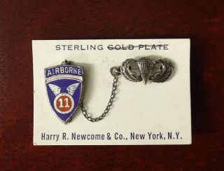 Wwii Us Army Sterling/enamel 11th Airborne Sweetheart Pin/brooch - Parachute -