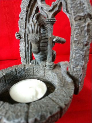 Candle Holder w/ Winged Dragon Gargoyle stands under an arch no hand Vandor 1997 2