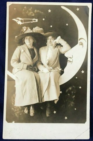 Rppc Early 1900s Photograph Postcard Of 2 Women On Paper Crescent Moon A1