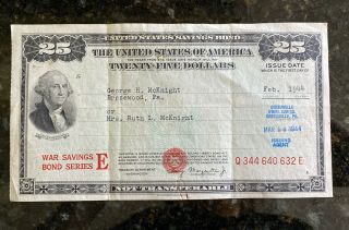 1944 Wwii United States War Savings Bond Unclaimed $25 Series E