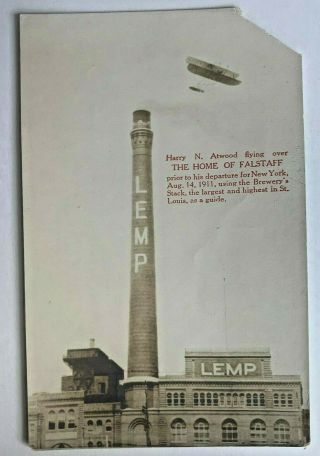 1911 Mo Rppc Postcard St Louis Lemp Stack Falstaff Brewery Harry Atwood Biplane