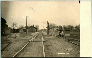 Cordova,  Illinois Rppc Real Photo Postcard Railroad Depot / Rr Tracks View C1908