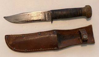 Wwii Usn Robeson Shuredge No.  20 Mki Fighting Knife W/wood Pommel Leather Sheath