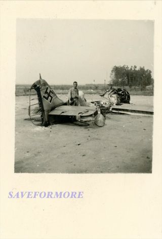 Wwii Photo: Gi’s W/ Burned Out German Fighter On Airfield