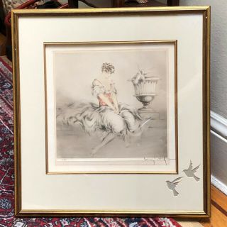 Lovely Signed Louis Icart Aquatint Etching " Woman With Doves ",  1927