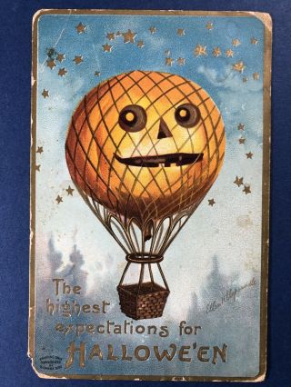 Antique Halloween Postcard,  Pumpkin As Hot Air Ballon.  Artist E Clapsaddle 1909
