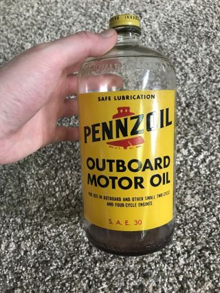 Vintage Pennzoil Outboard Motor Oil Can Glass Jar Qt Quart Bottle Empty