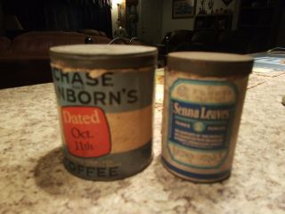 Vintage Chase And Sanborn’s Oct.  11th Paper Label Coffee Tin Can & Senna Leaves