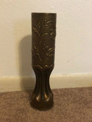 Trench Art Flower Etched Pinched Brass Artillery Shell Vase Candle Holder
