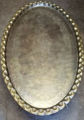Vintage Brass Tray Table Top Wall Hanging Xl Large Oval Etched 46 X 28 India