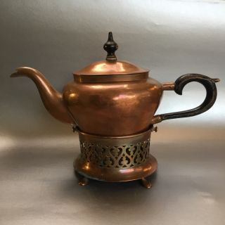 Antique Hand Hammered Copper Tea Pot Teapot & Stand Kettle Solid Vintage Wood