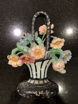 Antique Hubley 182 Cast Iron Doorstop Flower Bouquet Basket Early 1900 