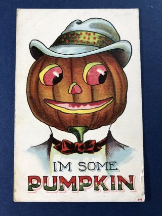 Attractive Antique Halloween Postcard Pumpkin Head.  Artist Signed Wall.
