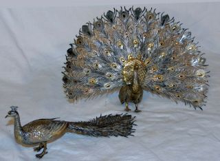 Gorgeous Vintage Pair Metal Silver Brass Peacock Bird Filigree Figures