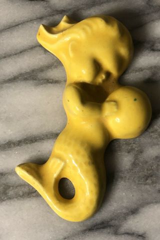 Vintage Mid Century Glazed Ceramic Yellow Mermaid Wall Plaque Figurine