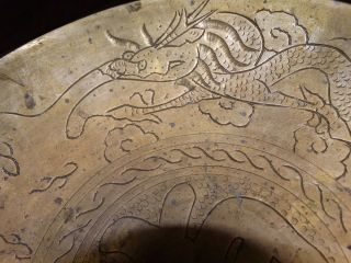 Antique Old Chinese Dragon Carved Brass Bowl Marked Temple / Star David